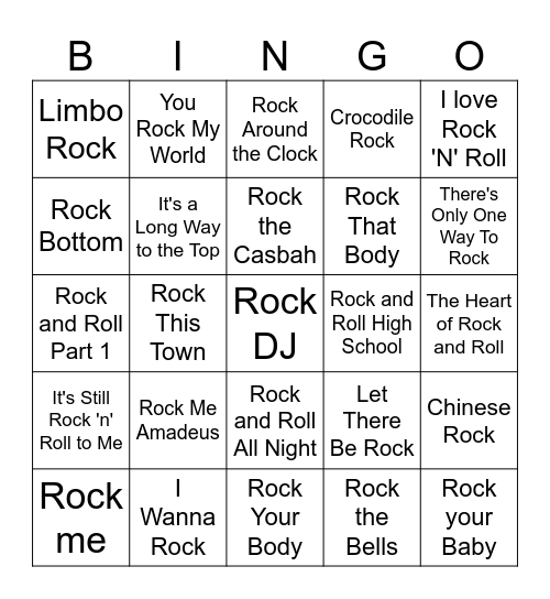 Songs With the Word Rock Bingo Card