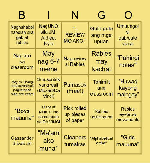 2nd Quarter Oral Exam (Antonio) Bingo Card