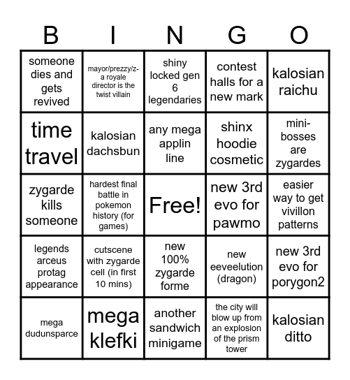 Z-A Predictions Bingo Card