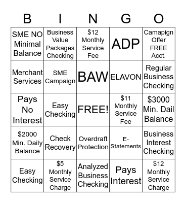 Business Checking Accounts Bingo Card