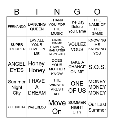 Abba Bingo Card