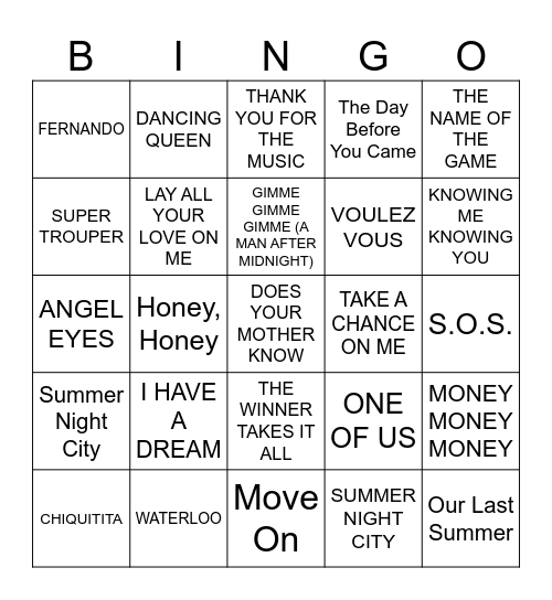 Abba Bingo Card