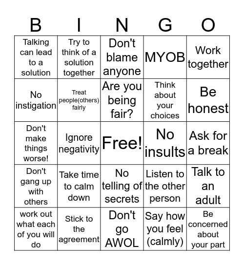 Conflict Resolution Bingo Preview Bingo Card