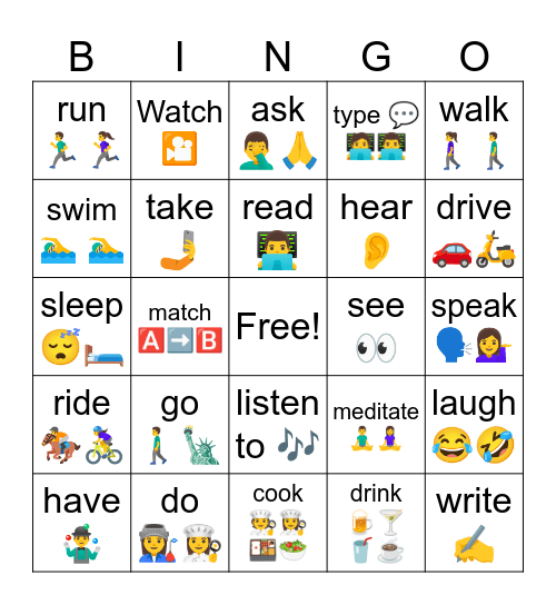 Base form verbs Bingo Card