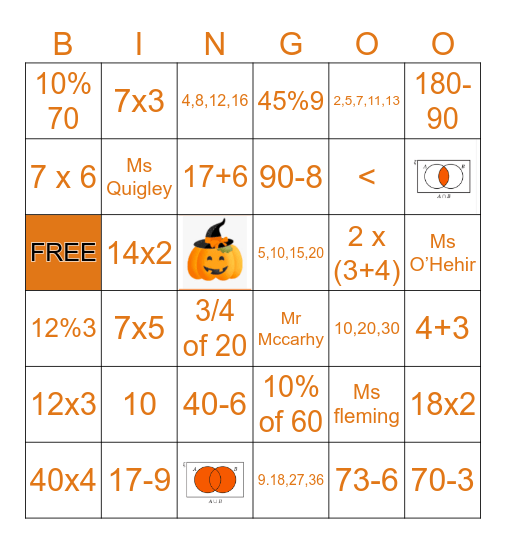 Maths Halloween Bingo Card