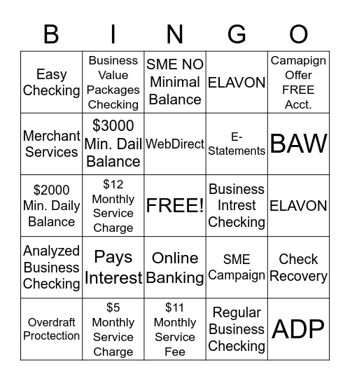 Business Checking Accounts Bingo Card