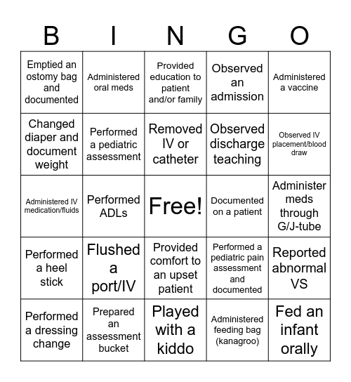 Pedatrics Bingo Card