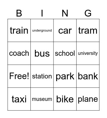 Places and tranport Bingo Card