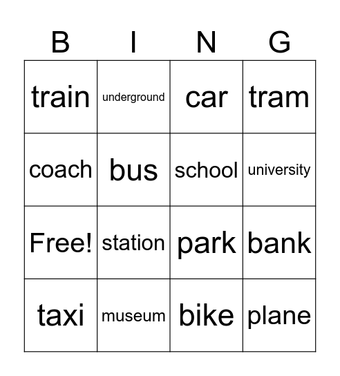 Places and tranport Bingo Card