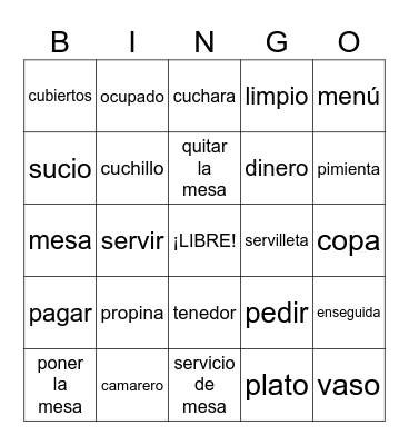 Restaurant Vocabulary Bingo Card