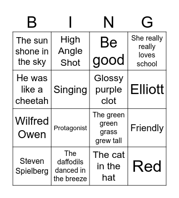 English Bingo Card
