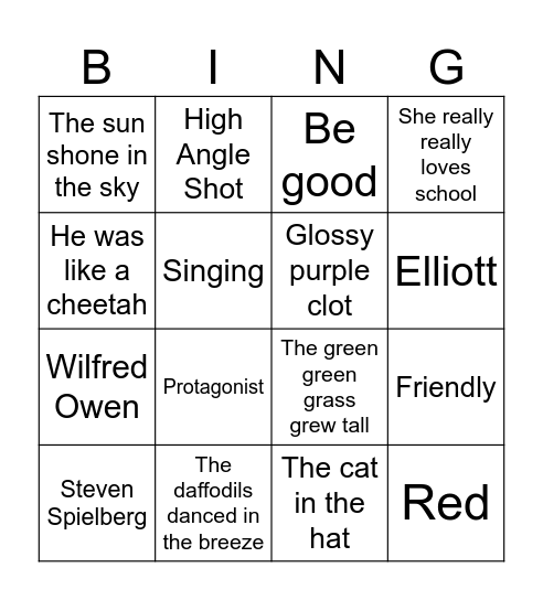 English Bingo Card