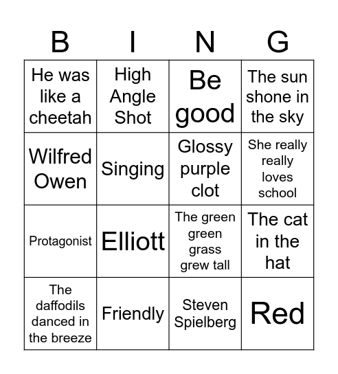 English Bingo Card