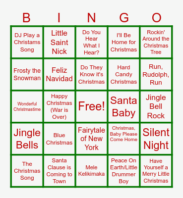 Christmas Song Bingo Card