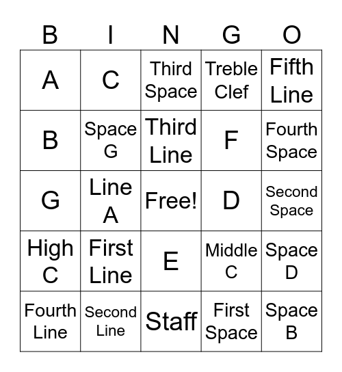 Treble Clef Bingo Card