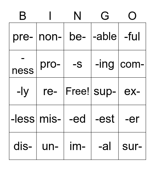 Affix Bingo Card