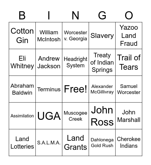 Unit 3B - SS8H4abcde Vocabulary Terms Bingo Card