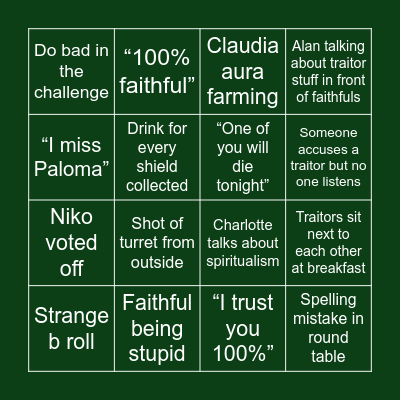 Celebrity Traitors Bingo Card