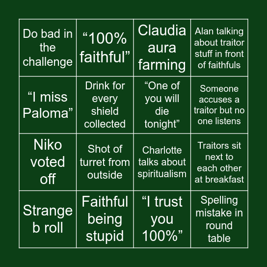 Celebrity Traitors Bingo Card