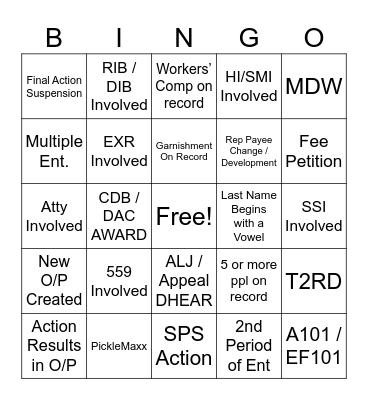 SSA Shenanigans Bingo Card