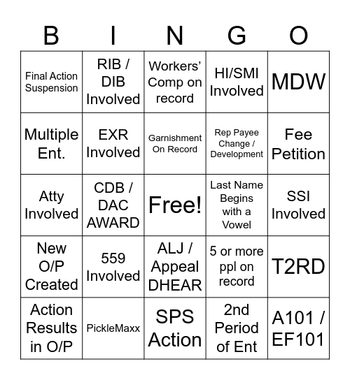 SSA Shenanigans Bingo Card