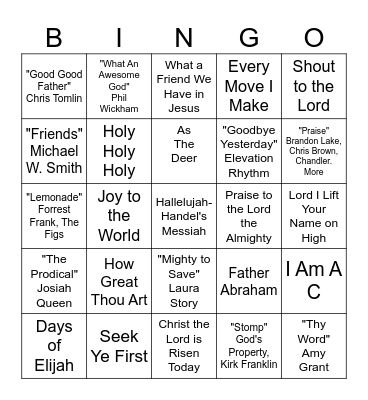 Worship Music Bingo Card