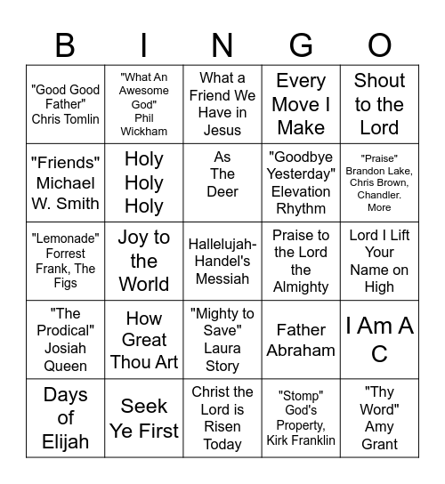 Worship Music Bingo Card