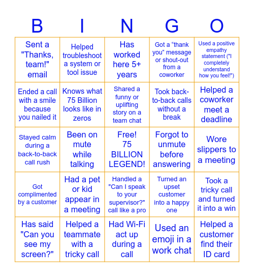 75 Billion BINGO Card