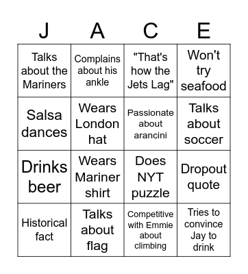 Jace Spain+Italy Bingo Card