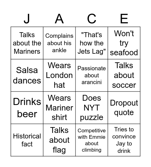 Jace Spain+Italy Bingo Card