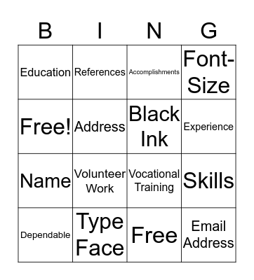 Resume Bingo Card