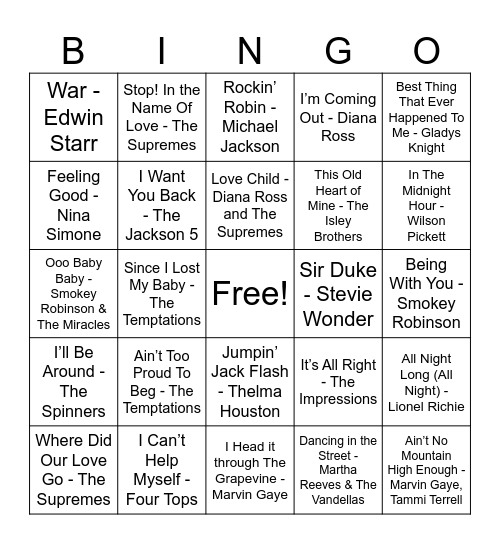 Motown Music Bingo! Bingo Card