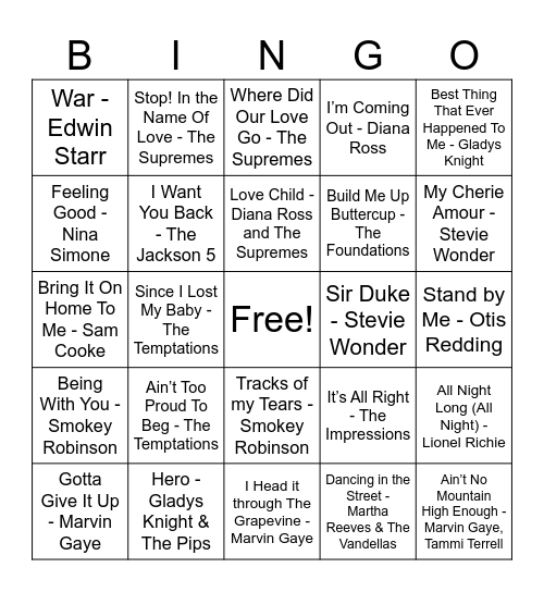 Motown Music Bingo! Bingo Card