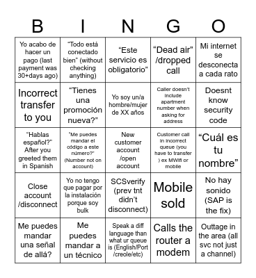 Spanish call center Bingo Card