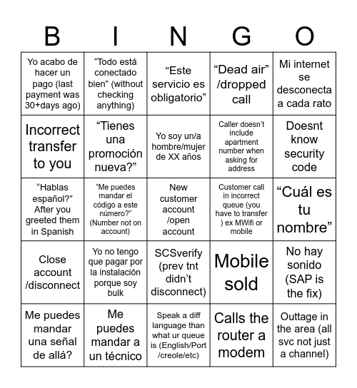 Spanish call center Bingo Card