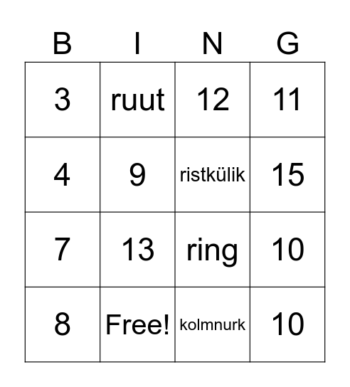 Matemaatika Bingo Card