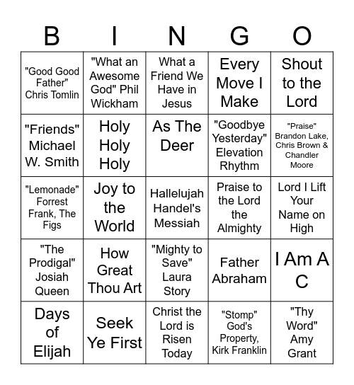 Worship Music Bingo Card