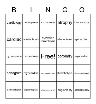 Cardiovascular Medical Terms Bingo Card