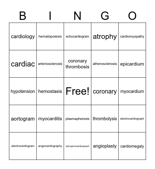 Cardiovascular Medical Terms Bingo Card