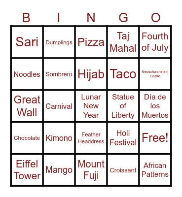 Multicultural Bingo Card