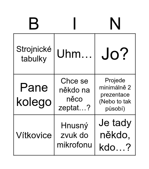 Stroje Bingo Card