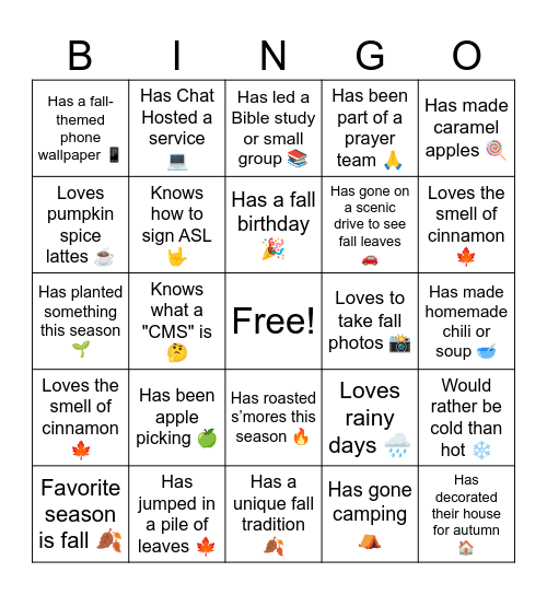 CF Online Fall Harvest Party Bingo Card