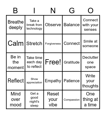 Mindfulness Bingo Card