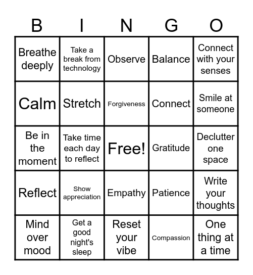 Mindfulness Bingo Card