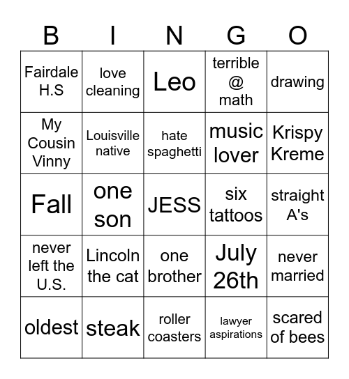 Jess BINGO! Bingo Card