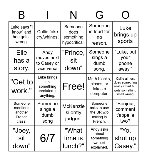French II B3 Bingo Card
