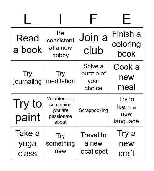 Life Purpose Bingo Card