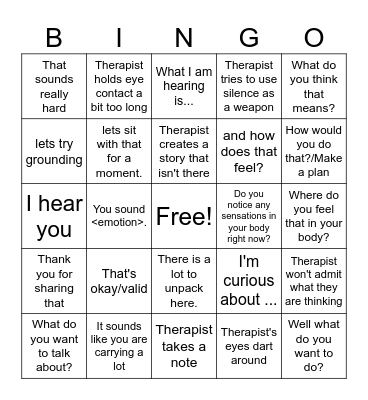 Therapy Bingo, Petty Bingo Card