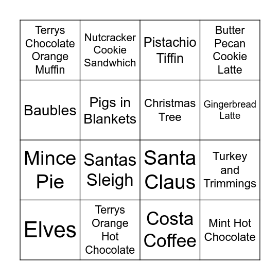 Costa Christmas Bingo Card
