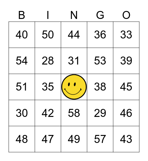 Numbers 1 - 60 Bingo Card